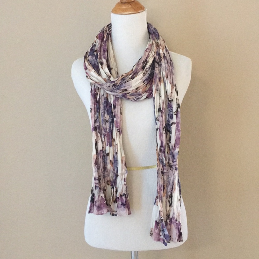Purple Floral Scarf with Accordion Style Fabric